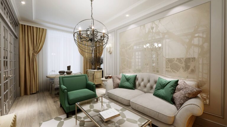 Фото дизайна интерьера гостиной в белом и зеленом тоне