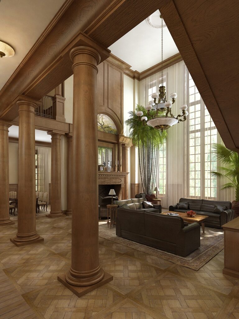 Коричневые несущие колонны в дизайне гостиной