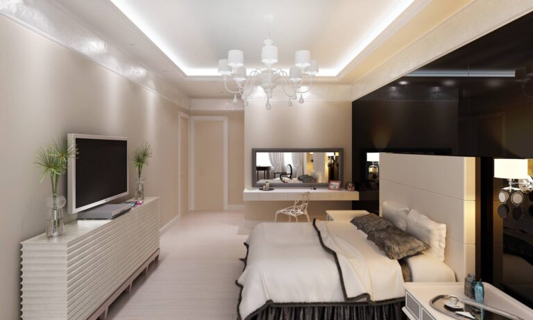 Прямоугольное бело-коричневое изголовье кровати в дизайне спальни