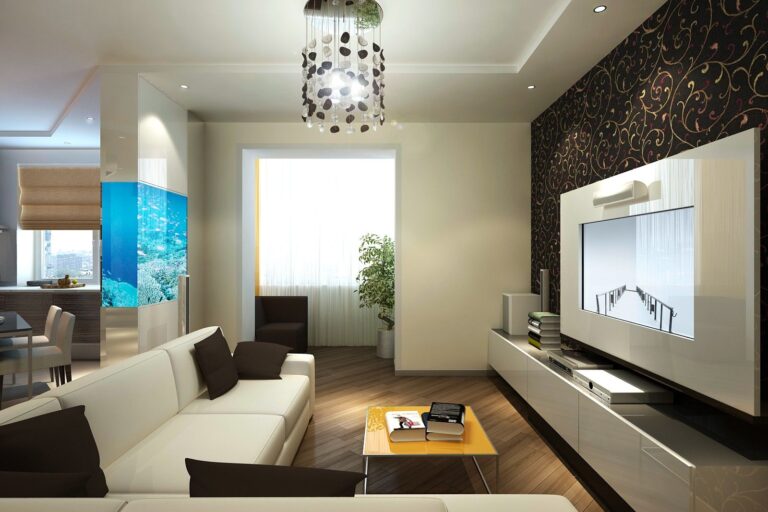 Аквариум в оформлении гостиной в квартире студии