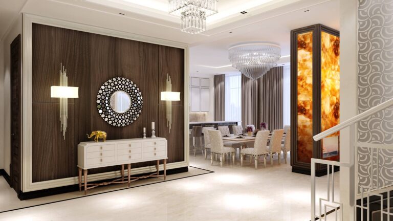 Красивый и просторный интерьер прихожей (холла) в загородном доме