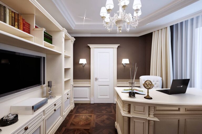 Фото светлого интерьера кабинета с темными полом и стенами