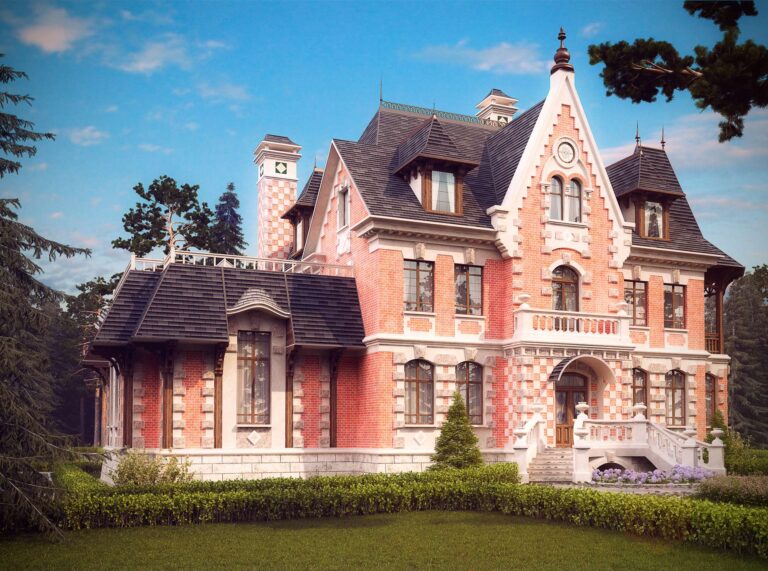 Покатая черепичная крыша в экстерьере дома с мансардой