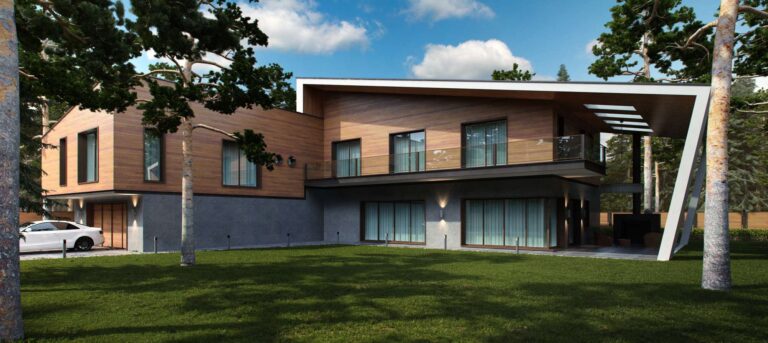 Светлое дерево и прозрачное стекло во внутреннем фасаде дома