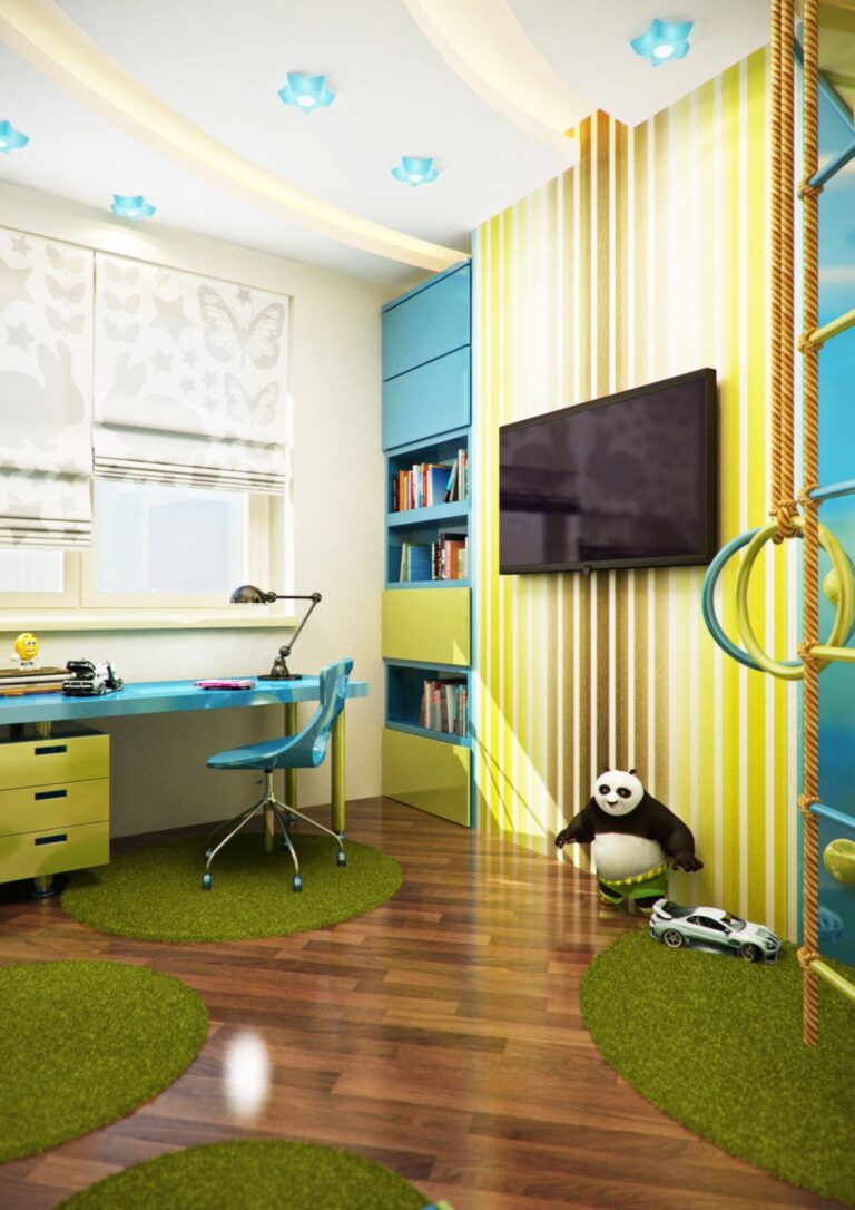 Панель с зелено-коричневыми полосами под телевизор в дизайне детской