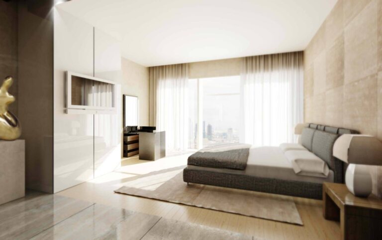 Коричневые оттенки в светлой и большой спальне