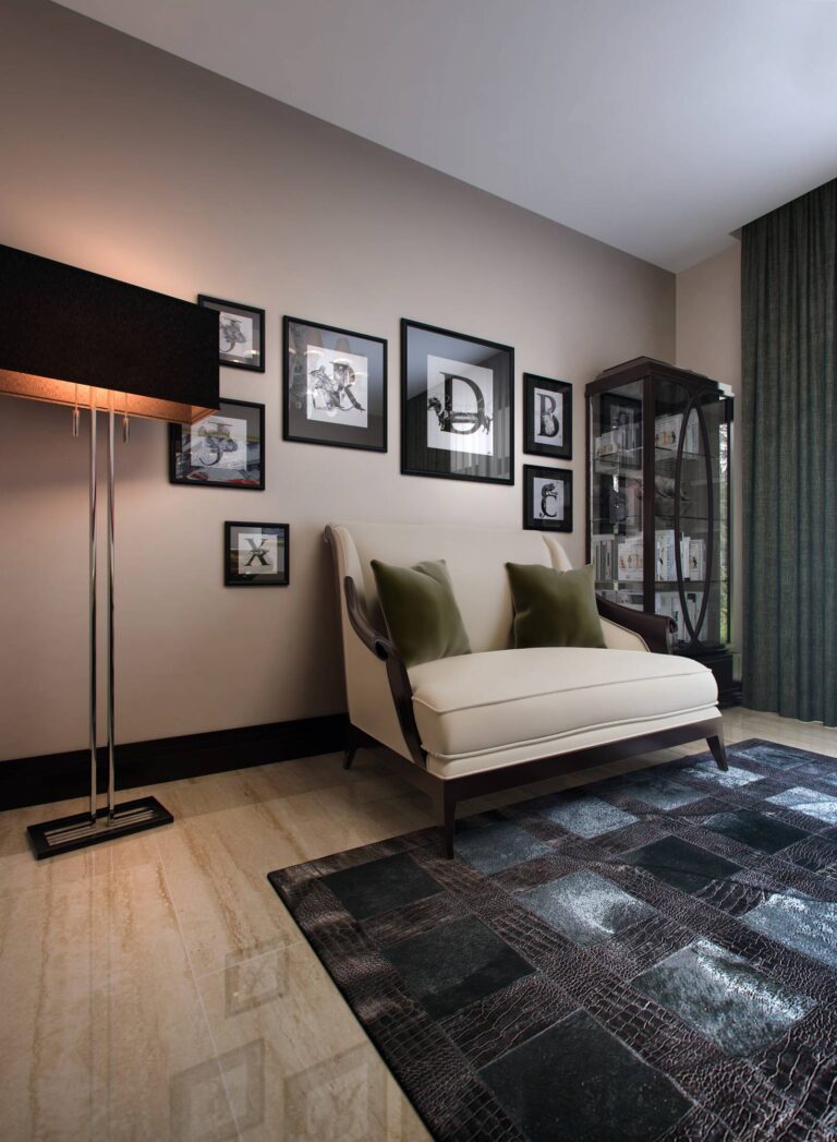 Современный дизайн кабинета с уютным светлым диваном