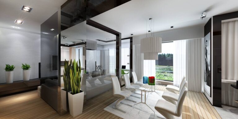 Стол с прозрачной столешницей в окружении белых стульев в дизайне столовой