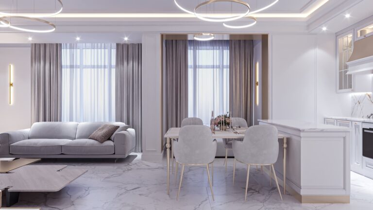 Дизайн гостиной-кухни с серо-белой мебелью