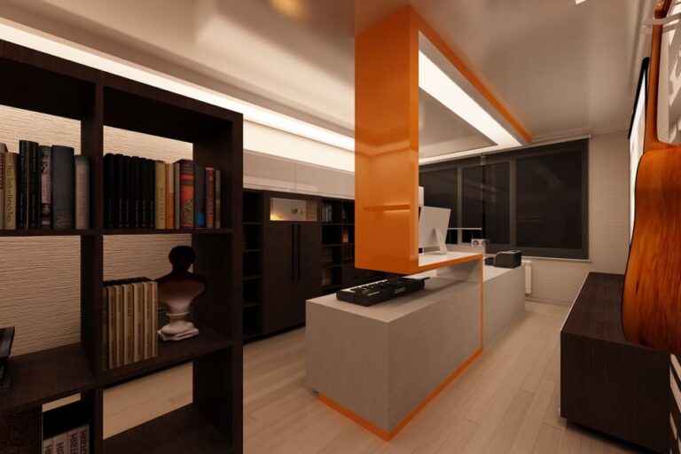 Яркие акценты в оформлении кабинета-студии