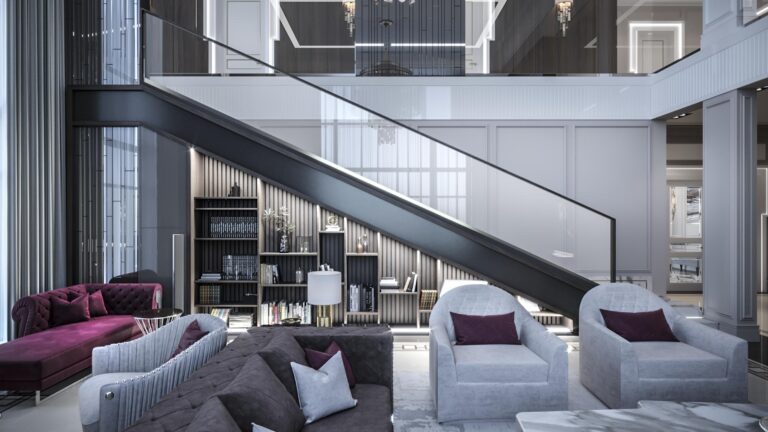 Лестница с черными застекленными перилами в дизайне гостиной