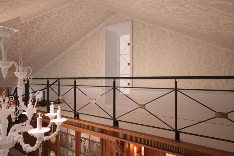 Дизайн мансардного этажа в белых тонах с черными перилами