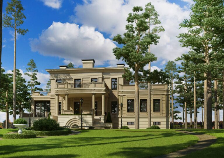 Газон и деревья перед внутренним фасадом особняка в неоклассическом стиле