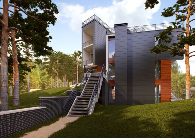 Открытые балконы и лестница по левому фасаду