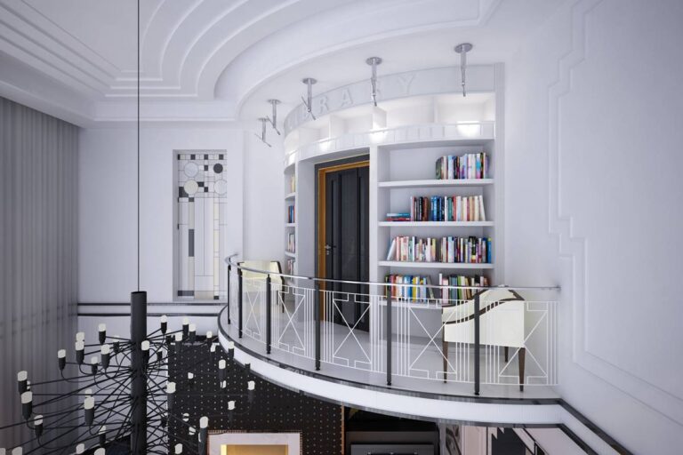 Дизайн входа в библиотеку с полукруглыми шкафами