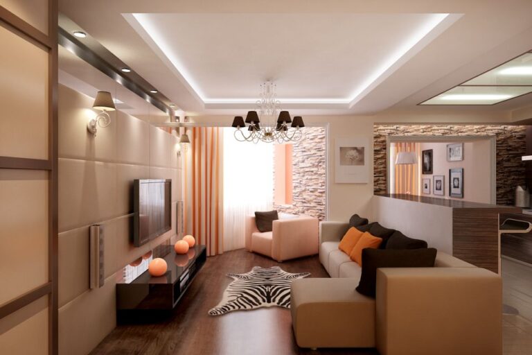 Мягкое панно из кожаных светлых панелей в интерьере гостиной