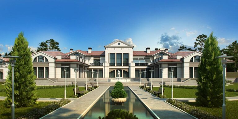 Декоративный водоем с вазонами перед загородным домом