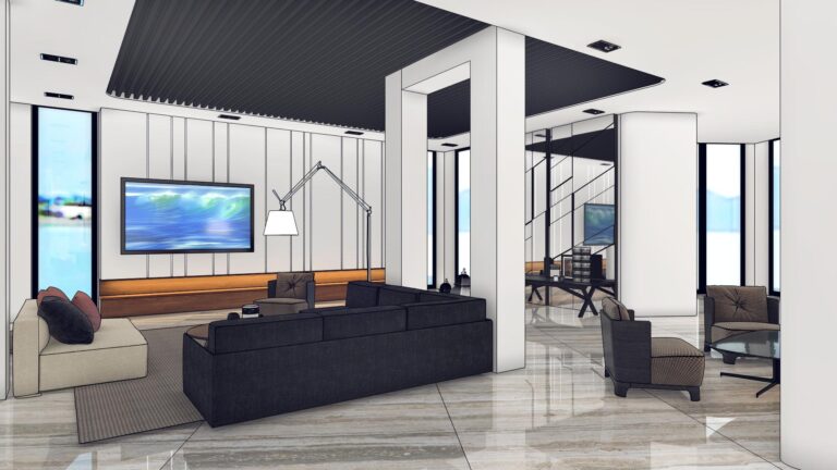 Пол из полированных серых мраморных плит в эскизе просторной современной гостиной