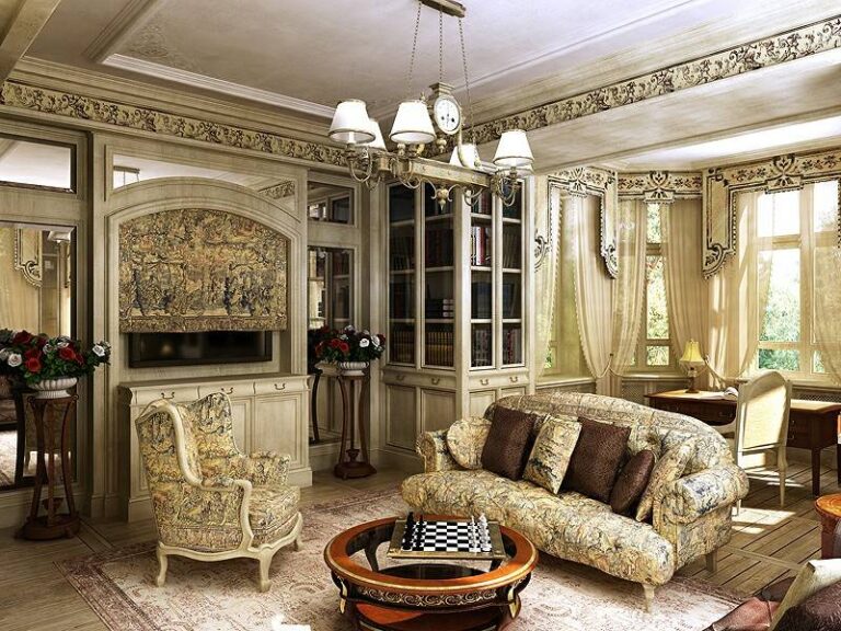 Светлый интерьер гостиной с мелким орнаментом