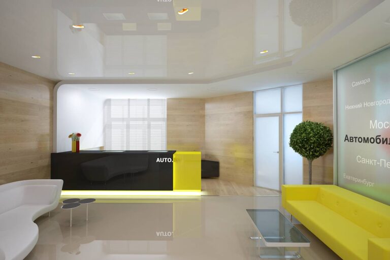 Желтый диван в большой офисной приемной