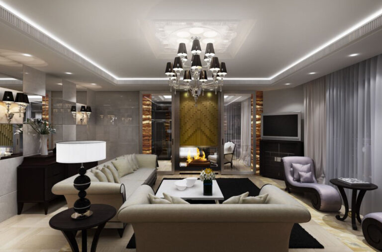 Роскошный интерьер гостиной в оттенках серого цвета со светлыми диванами