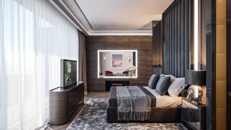 Темная спальня с овальным комодом