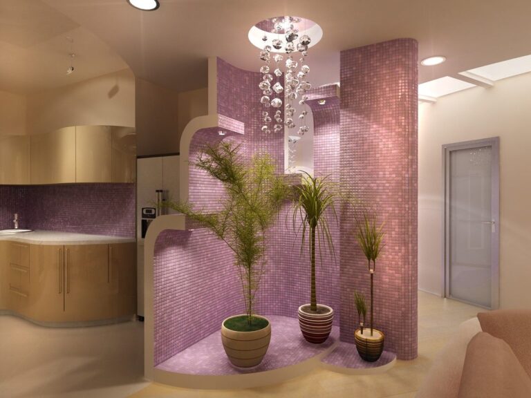 Интерьер кухни с красиво оформленным уголком живых цветов