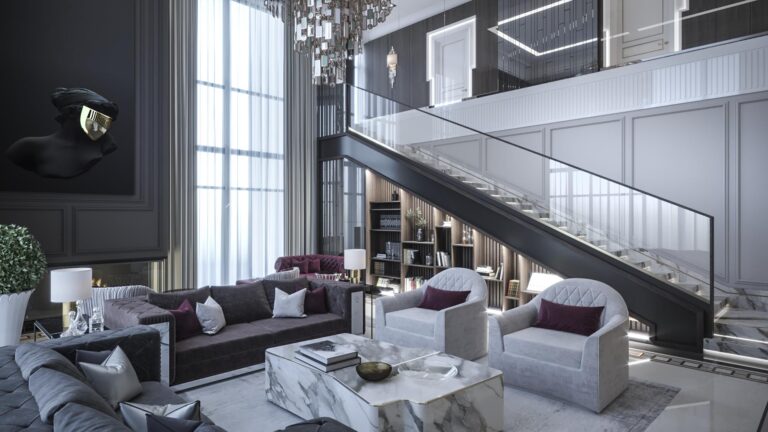 Три дивана в разных расцветках в дизайне белой гостиной