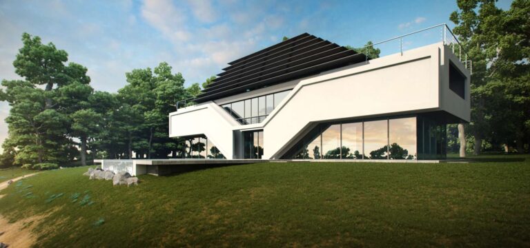 Застекленный первый этаж в левом фасаде