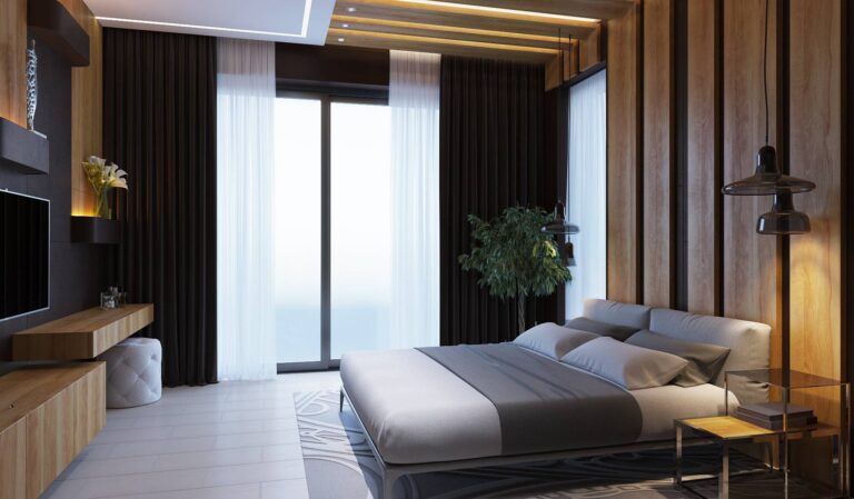 Небольшая спальня в отделке массивом древесины орехового оттенка