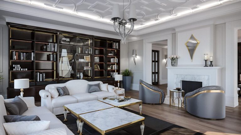 Белые мраморные столы в интерьере гостиной