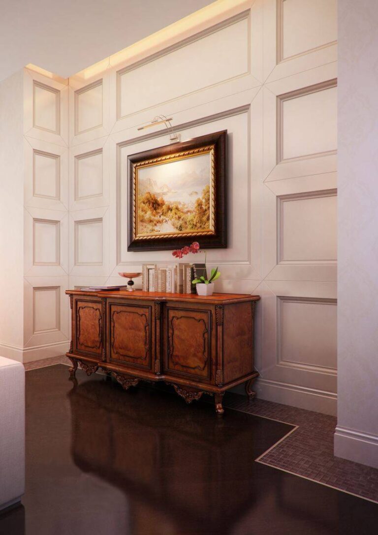 Резной комод в белоснежном дизайне гостиной