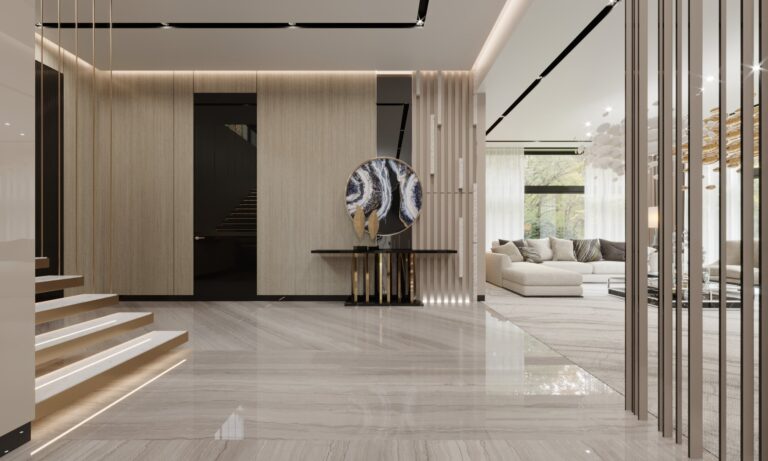 Серо-бежевые тона в дизайне холла 1-го этажа