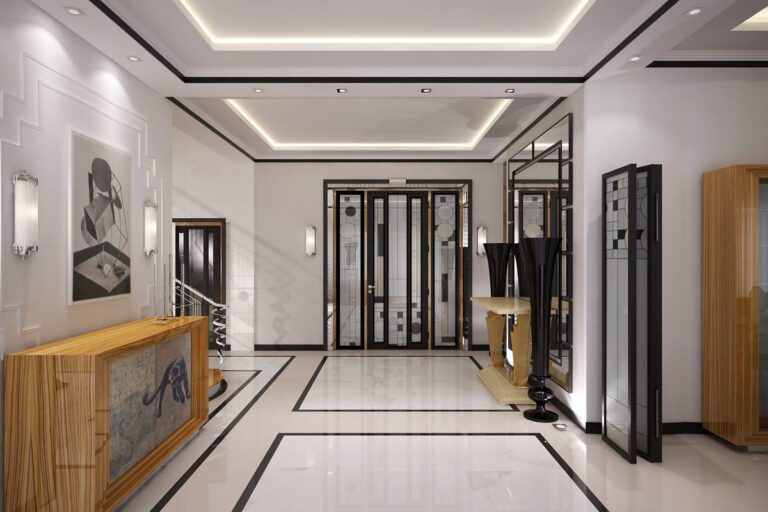 Современный интерьер холла со шкафами коричневого дерева