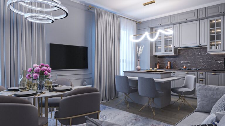 Серый оттенок в интерьере кухни-гостиной-столовой