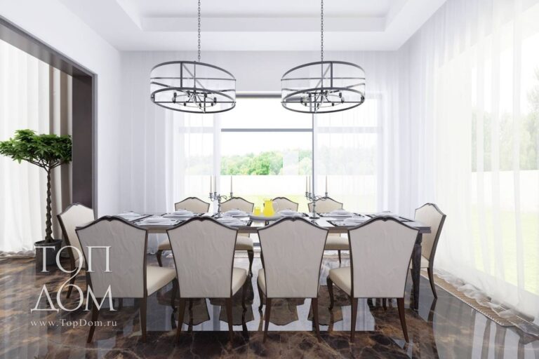 Большие панорамные окна в интерьере столовой – фото