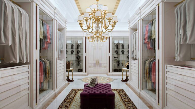 Светлая женская гардеробная с большим лиловым пуфом