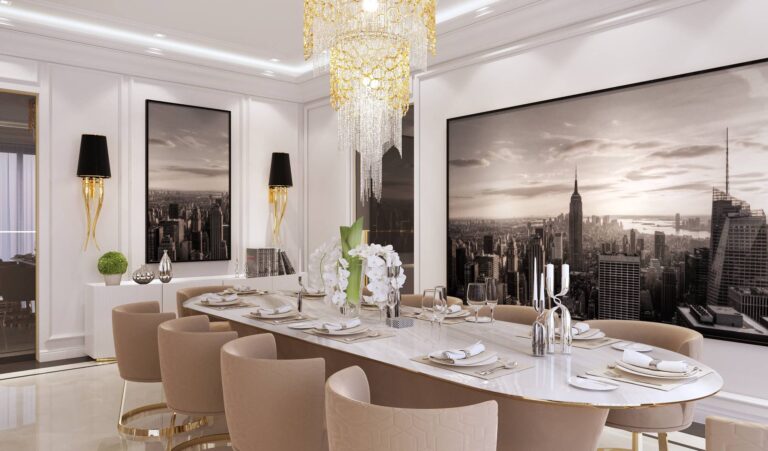 Большой овальный обеденный стол в интерьере светлой столовой