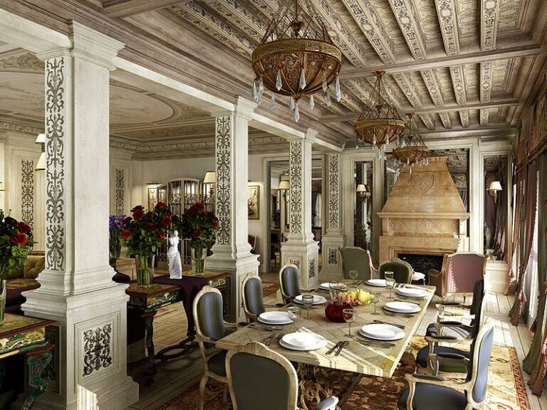 Эффектный интерьер столовой с орнаментом на стенах и потолке