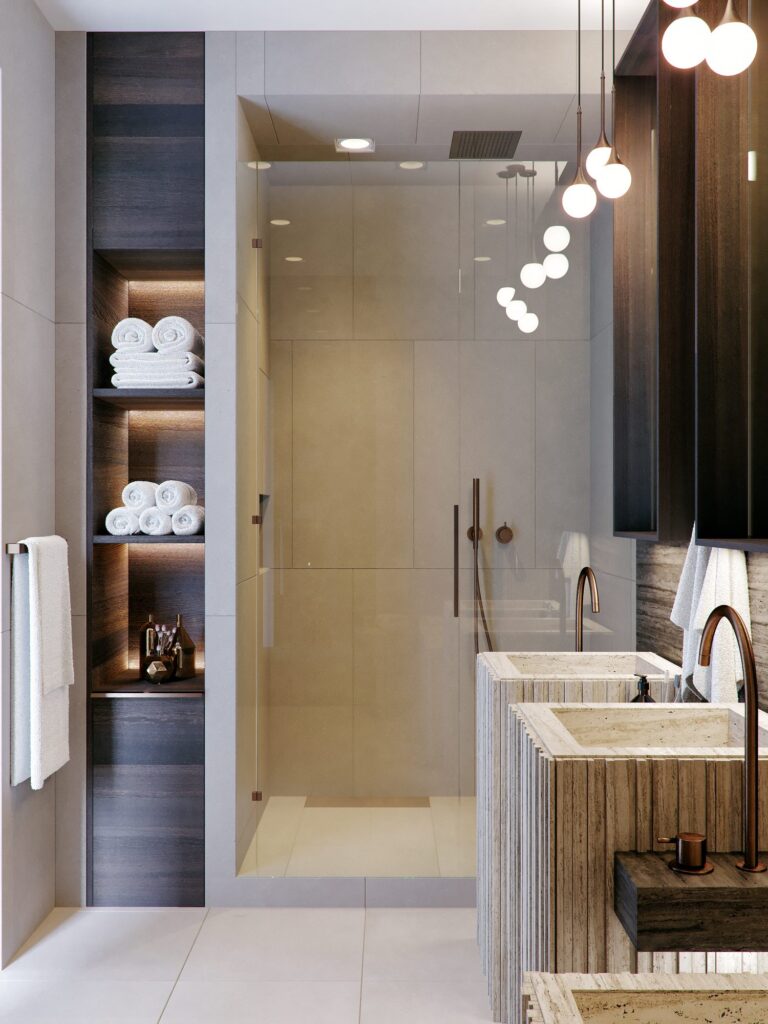 Темно-коричневые акценты в оформлении белого санузла