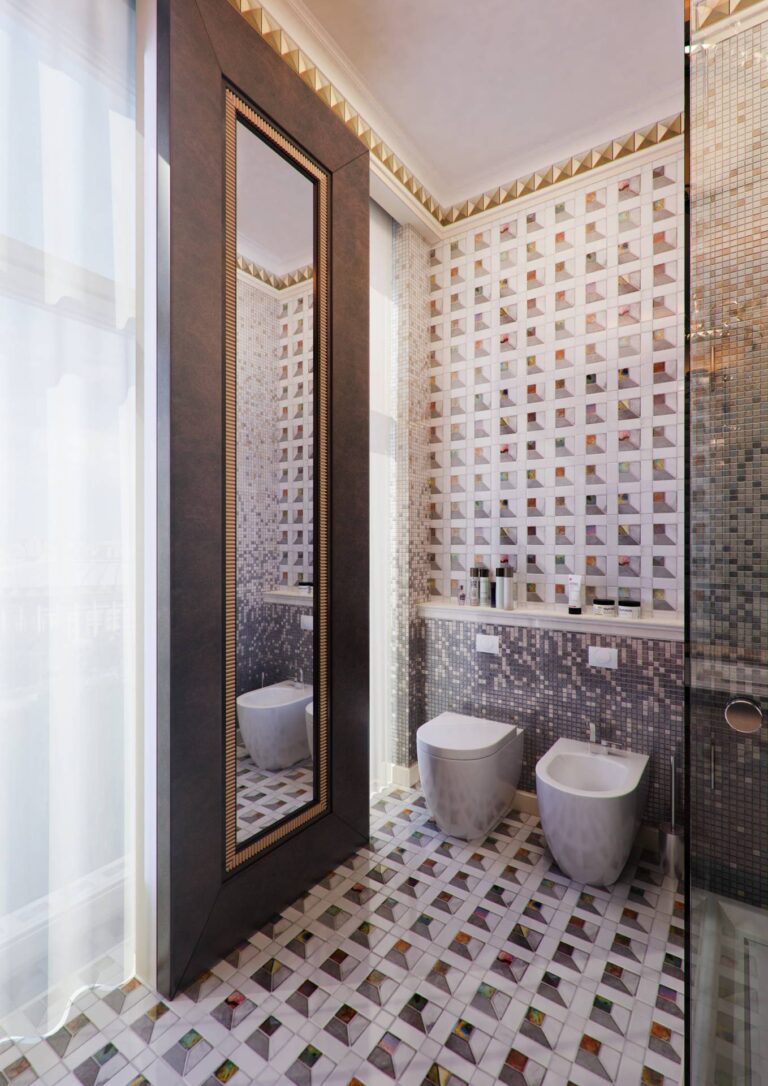 Дизайн санузла с оригинальной цветной плиткой на стене и полу