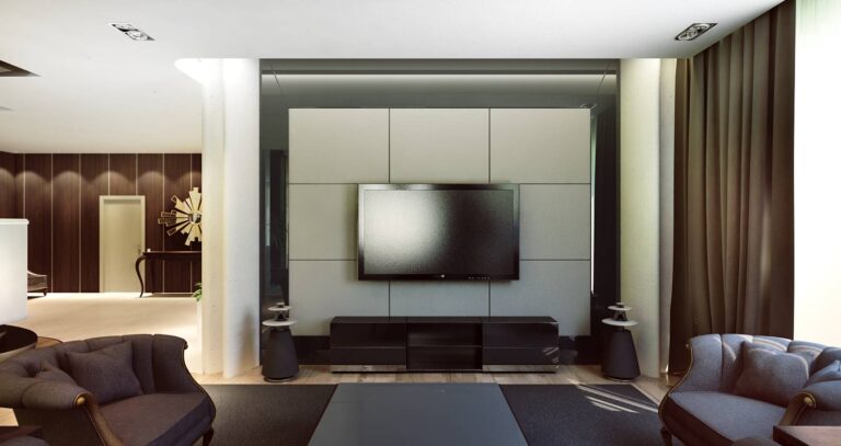 Модный дизайн гостиной с телевизором на светлой стене
