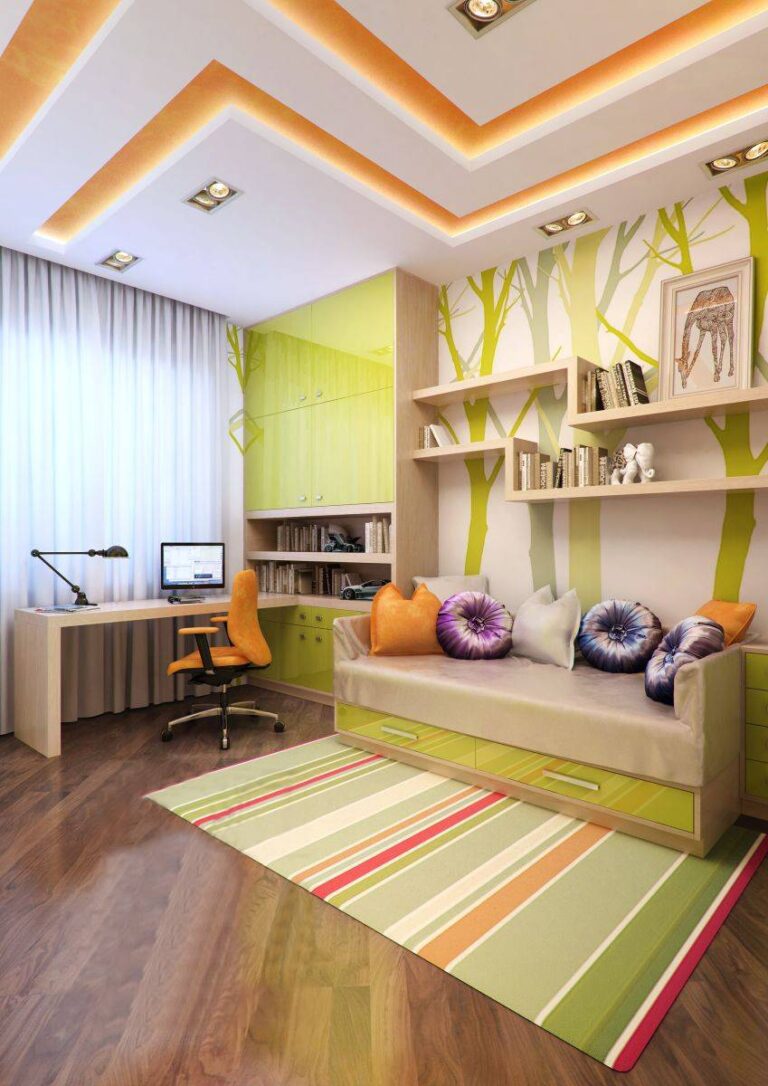 Дизайн детской с яркими зелеными и оранжевыми вставками