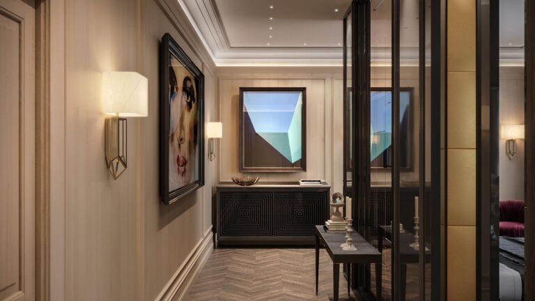 Бежевая спальня с темно-коричневой тумбой и настенным зеркалом