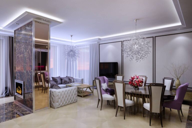 Интерьер столовой в сиреневых тонах