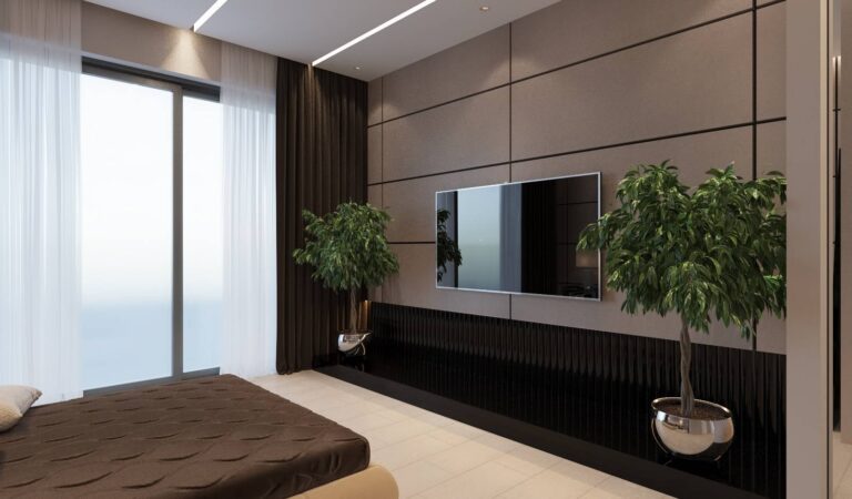 Интерьер спальни с живыми деревцами