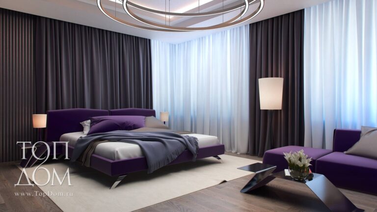 Фиолетовая кровать в дизайне спальни