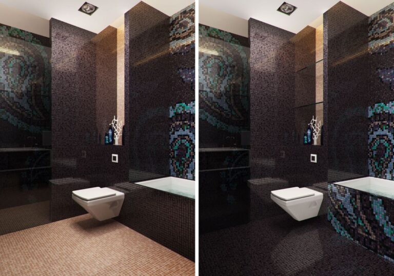 Мелкая мозаика на полу и стенах в оформлении ванной комнаты