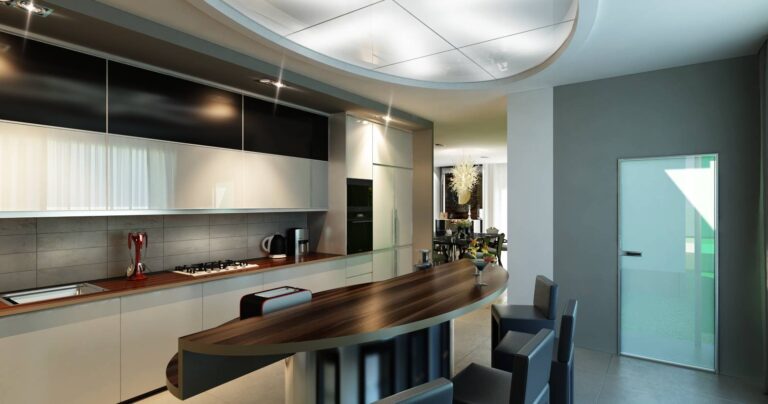 Современный дизайн кухни с овальной нишей на потолке