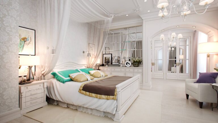 Арочный проход в интерьере белой классической спальни